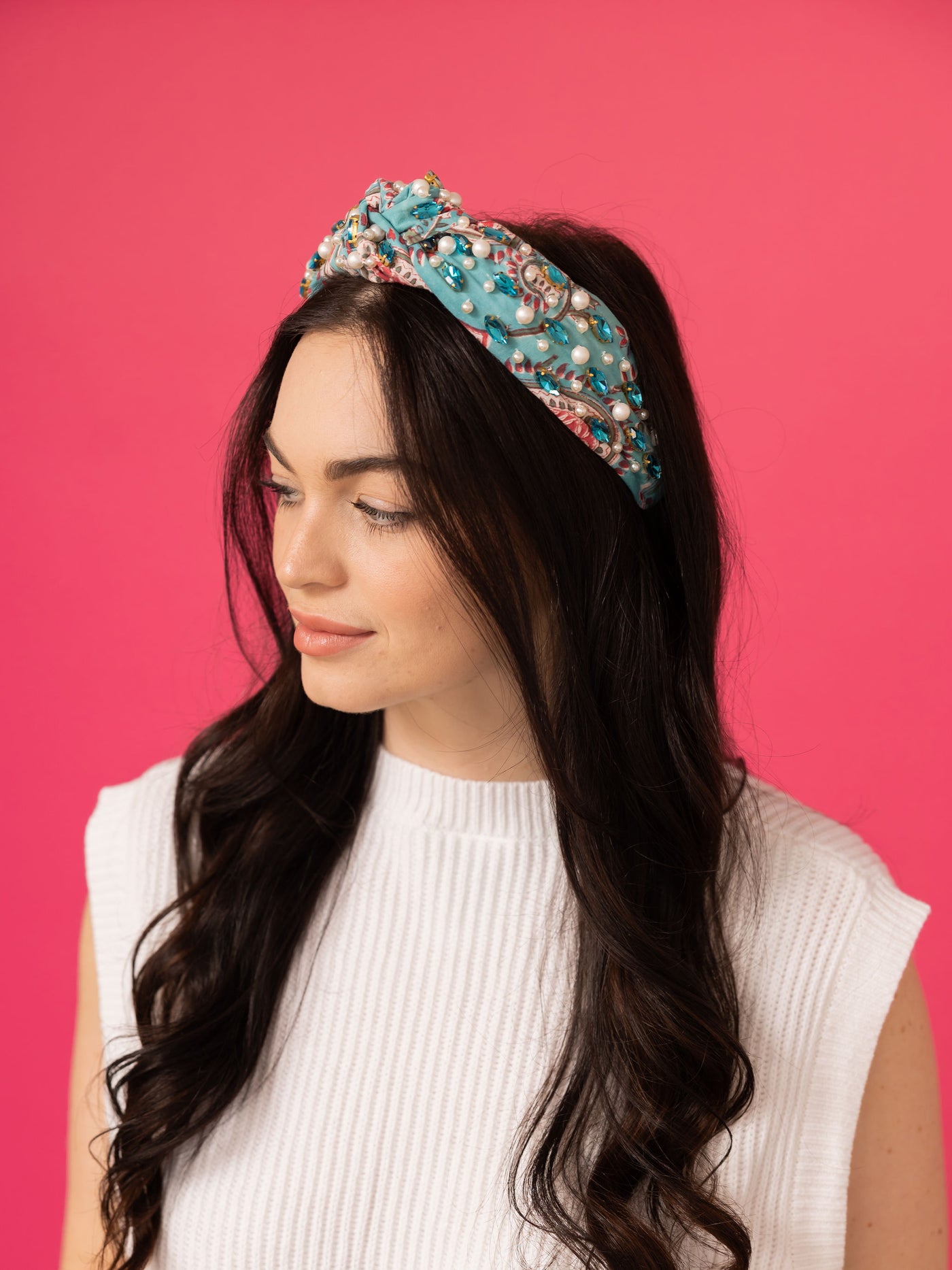 Floral Print Headband - Blue Rhinestone Pink Paisley