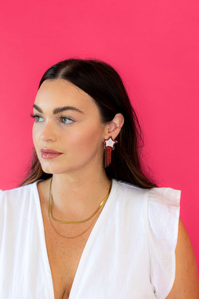 Star Rhinestone Dangle Earrings - Red and White