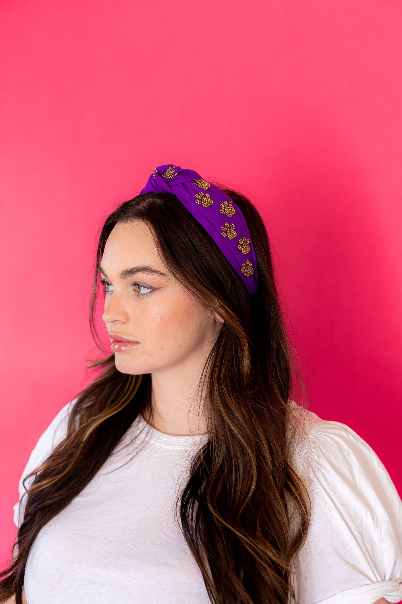 Knot Headband Purple with Gold Paw Prints