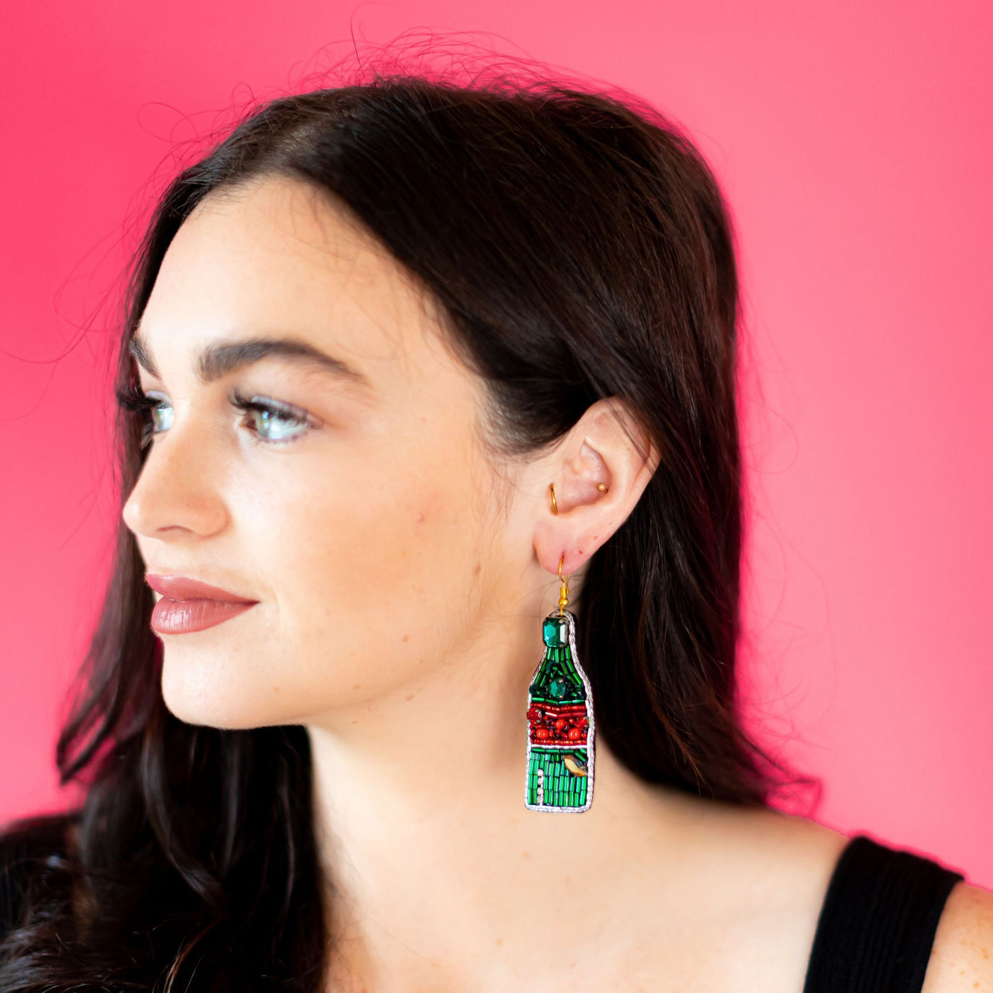 Champagne Bottle Earrings - Green and Red