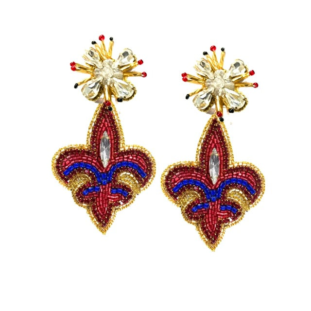 Fleur De Lis Burst Earrings - Red and Blue