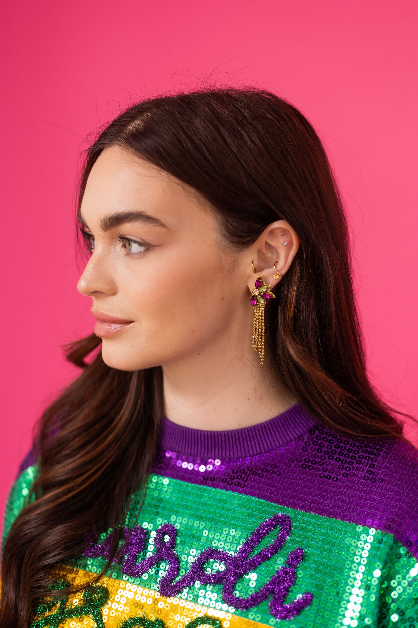 Flower Rhinestone Dangle Earrings - Mardi Gras
