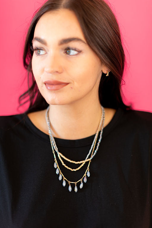 Crystal Layered Drop Necklace - Grey