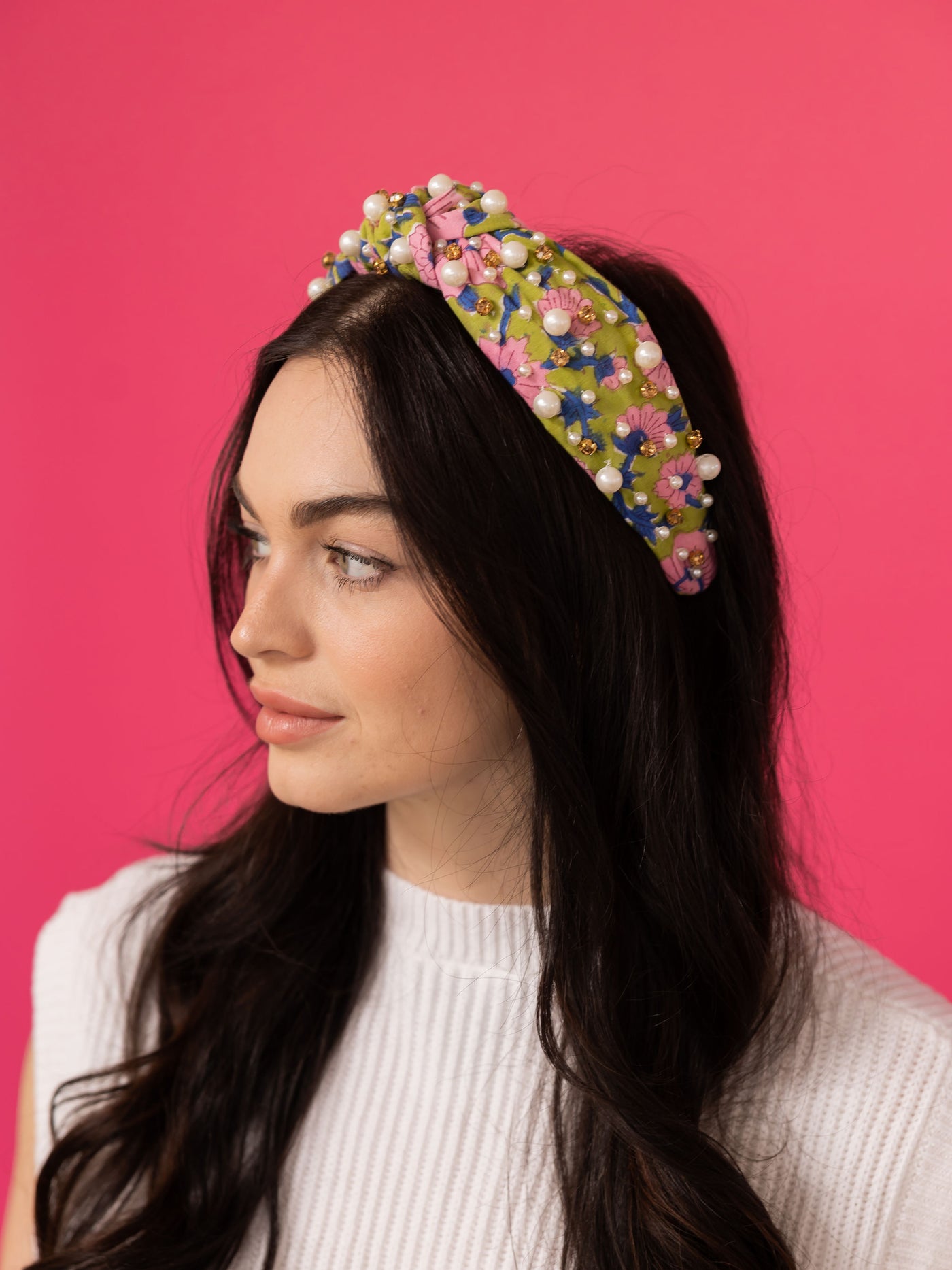 Floral Print Headband -  Green and Pink Foral