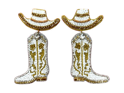Cowgirl Boot with Hat Earrings - White