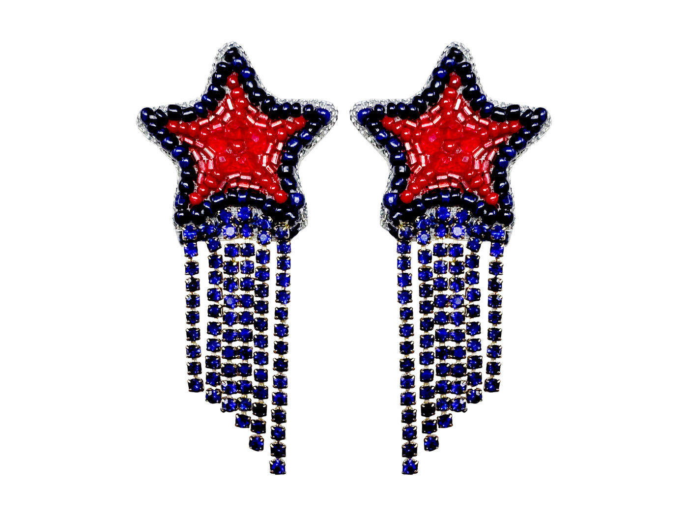 Star Rhinestone Dangle Earrings -Red and Blue