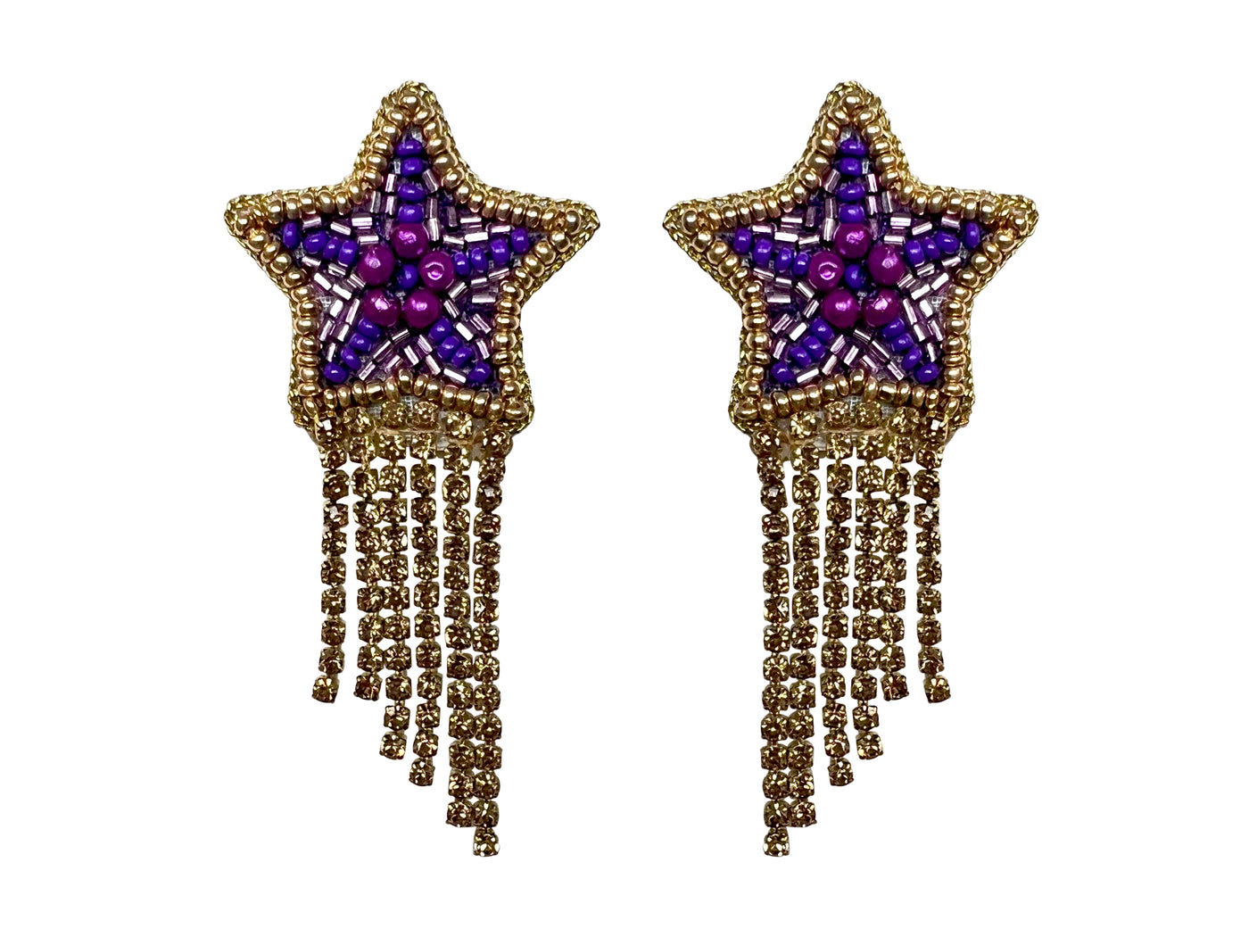 Star Rhinestone Dangle Earrings - Purple and Gold