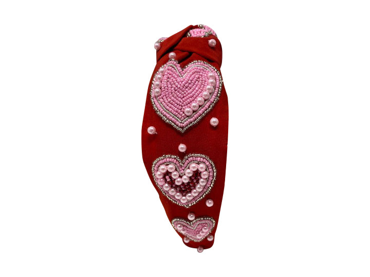 Valentine's Knot Headband - Red with Pearls and Pink Hearts