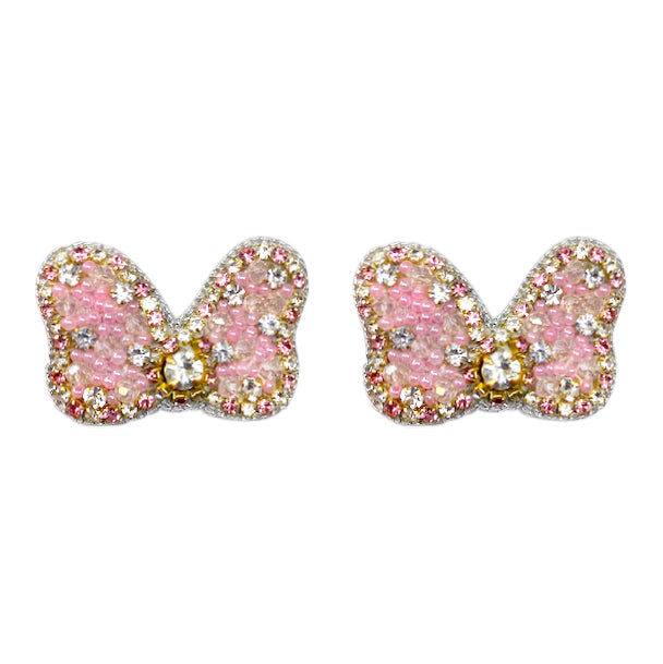 Bow with Rhinestone Stud Earrings - Pink