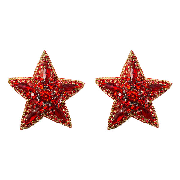 Rhinestone Star Earrings - Red