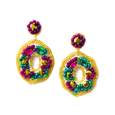 Mardi Gras Rhinestone King Cake Earrings- Dangle