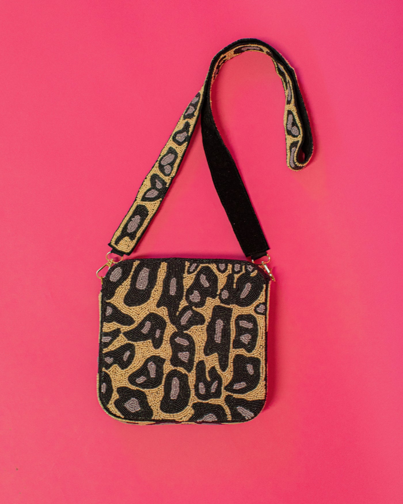 Leopard Box Seed Bead Bag - Brown and Black