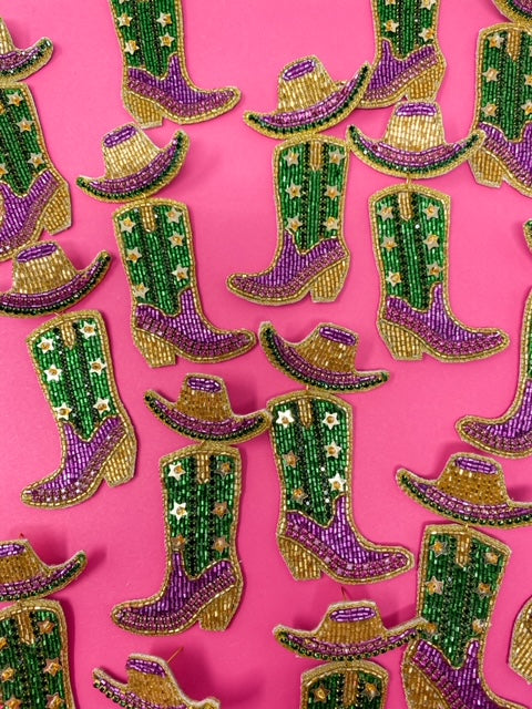 Mardi Gras Cowgirl Boot Earrings