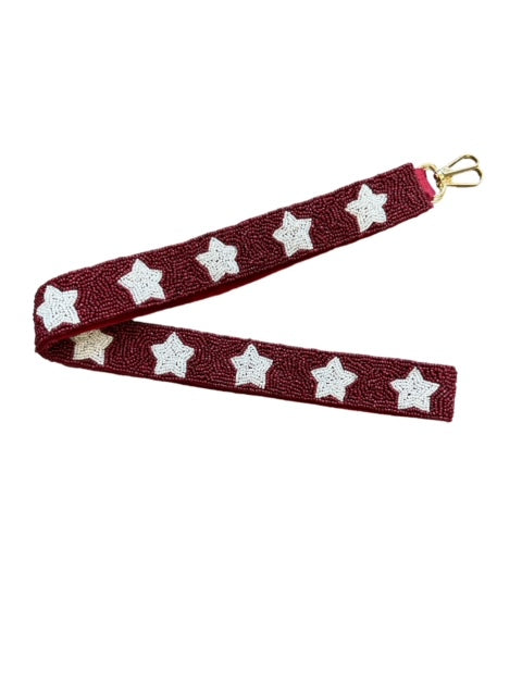 Seed Bead Bag Strap - Maroon with White Stars