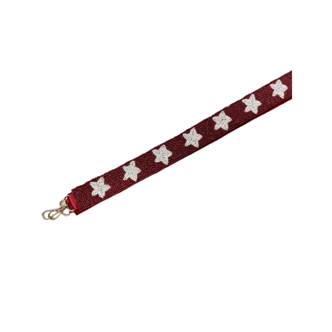 Seed Bead Bag Strap - Maroon with White Stars