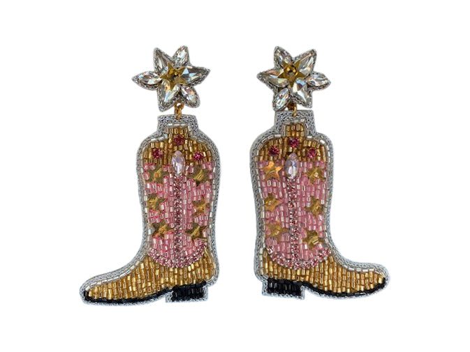 Cowgirl Boot Earrings - Gold and Pink