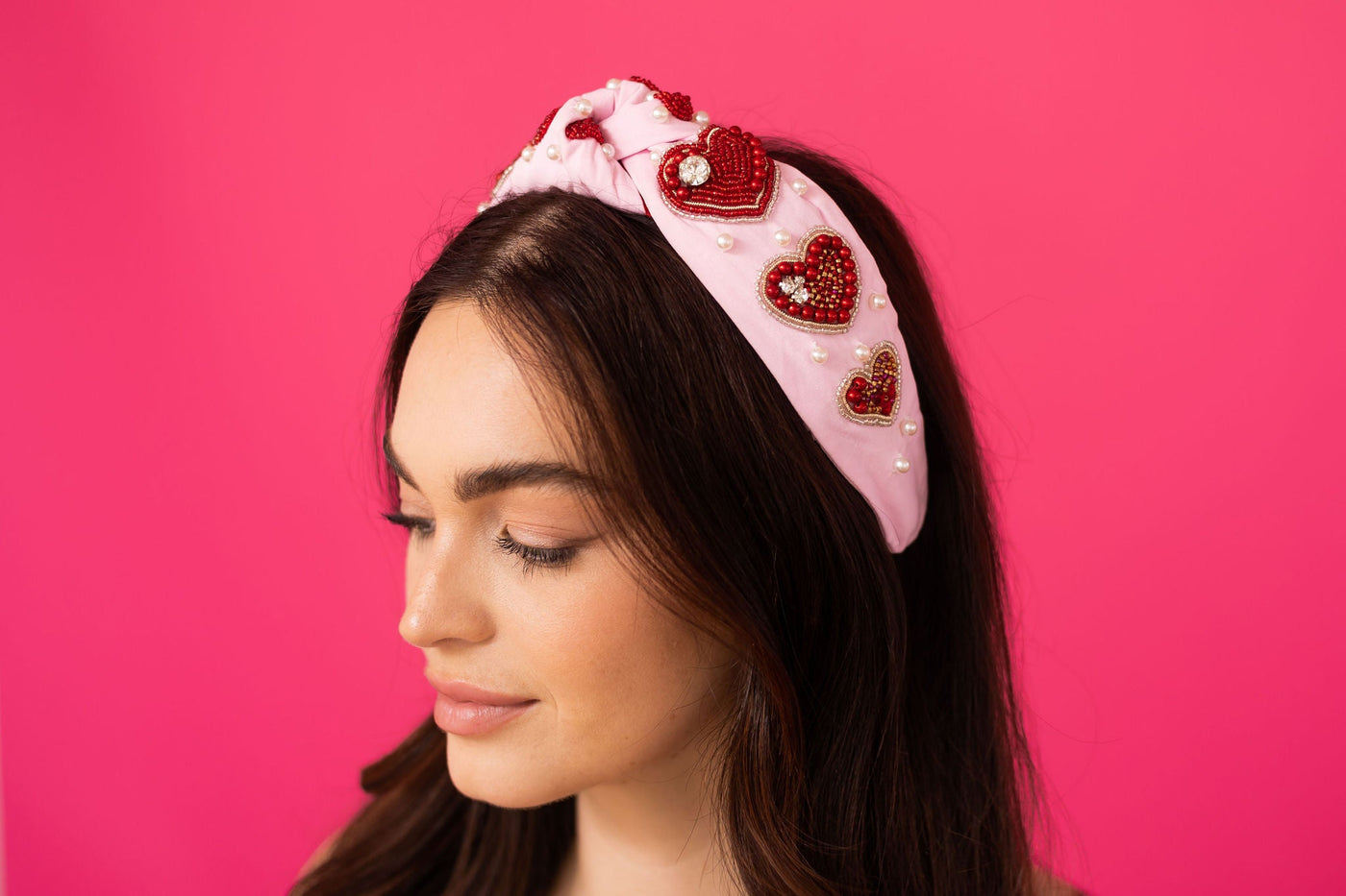 Valentine Headband Knot - Pink with Pearls and Red Hearts