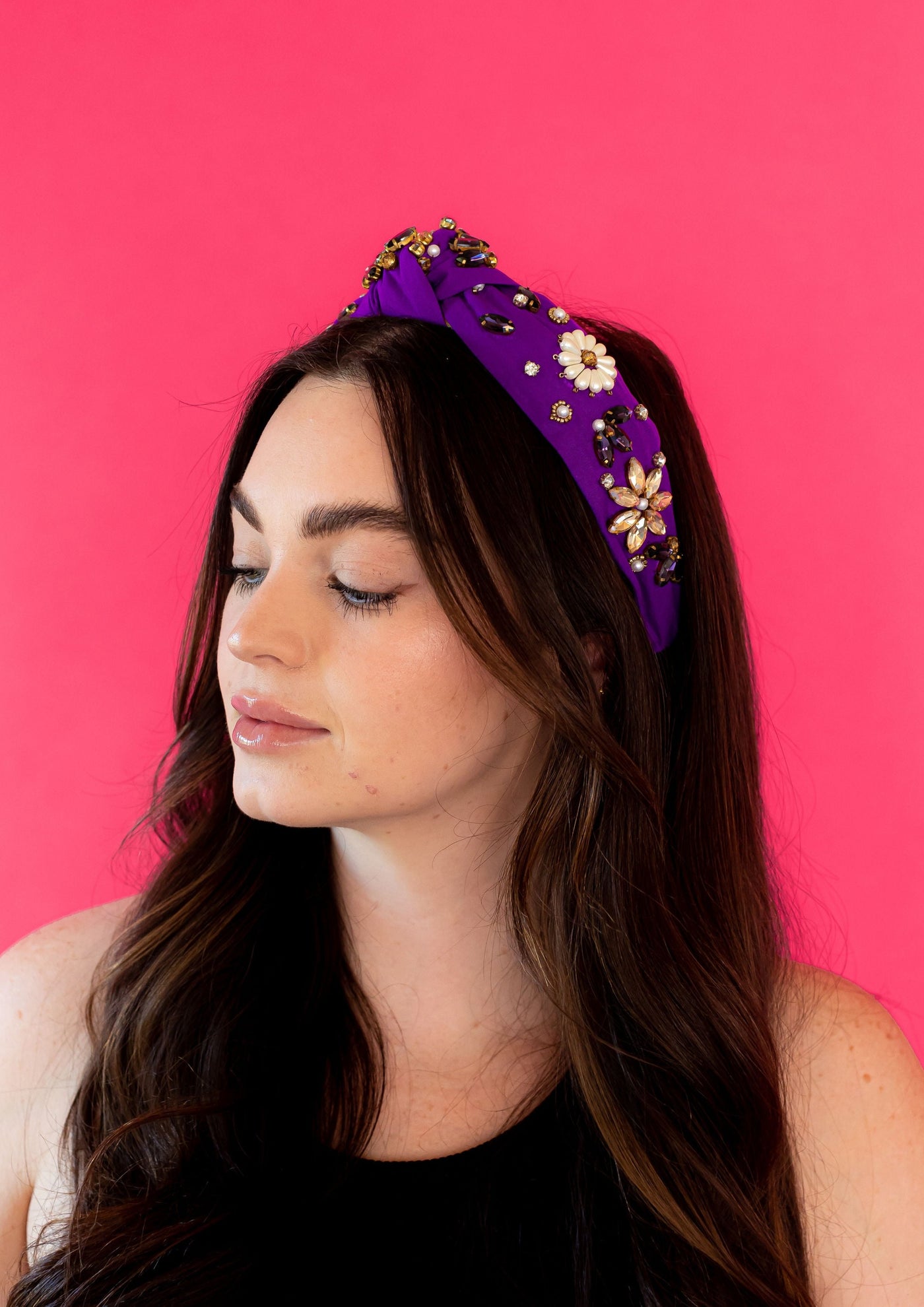 Headband Knot - Purple with Pearl Flowers