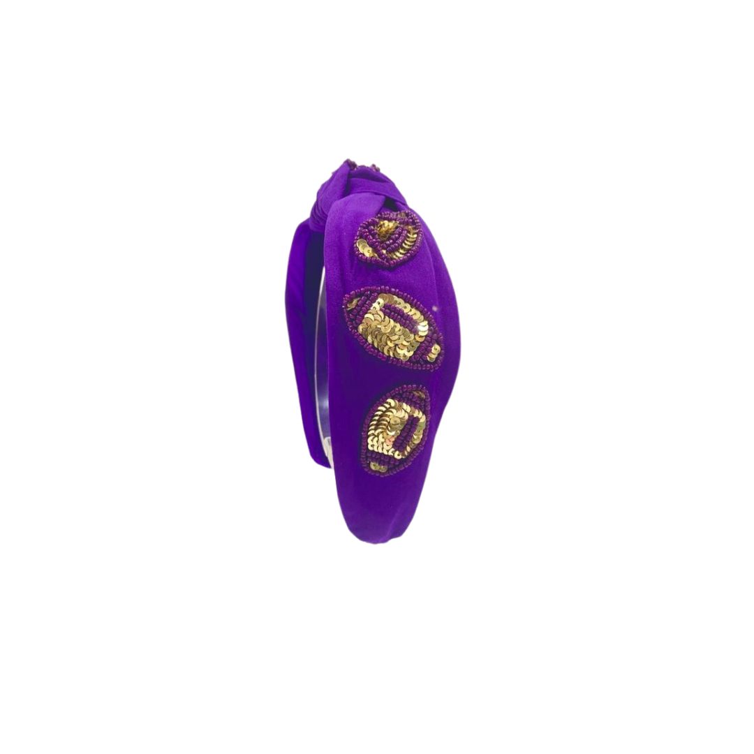 Headband Knot - Sequin Football - Purple and Gold
