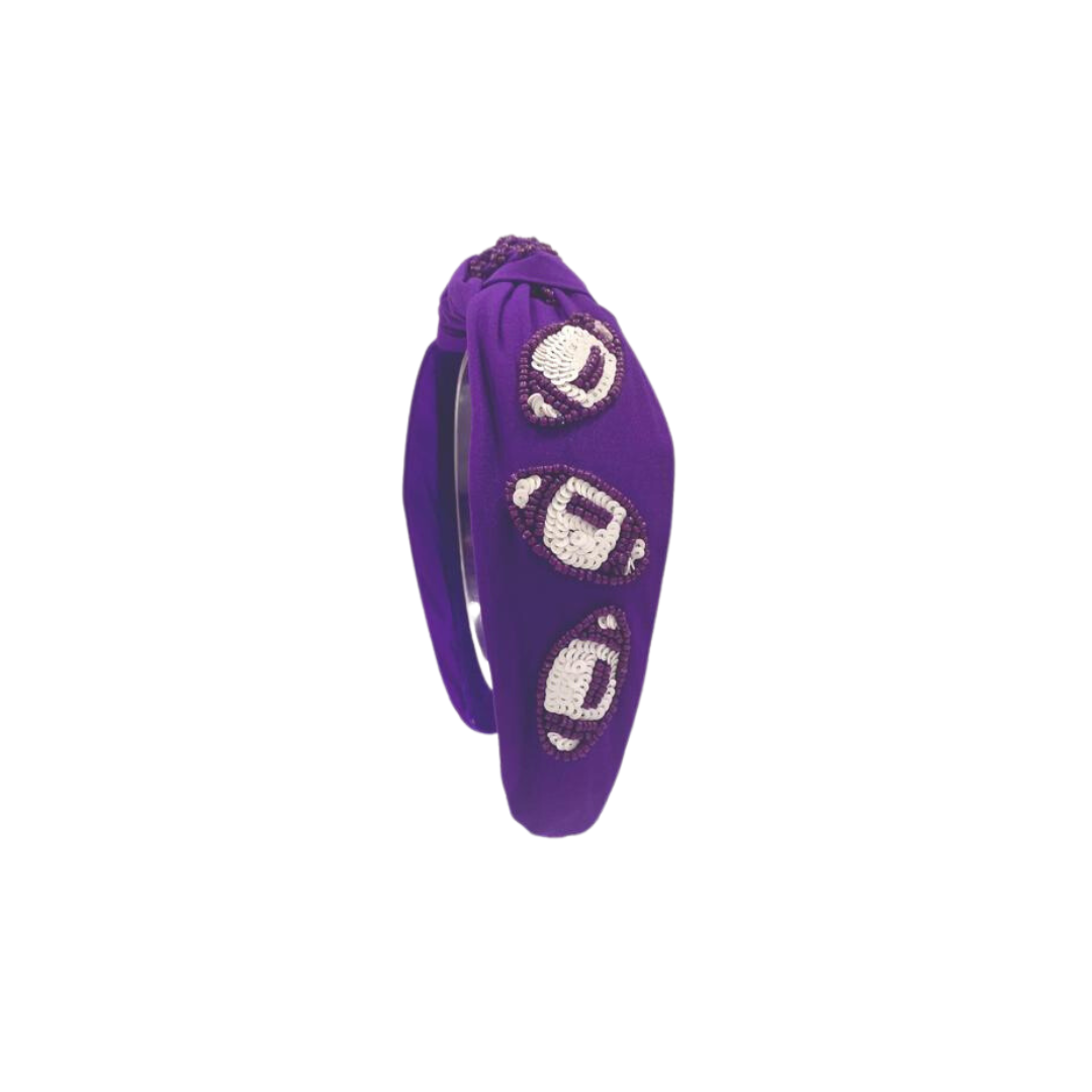Headband Knot - Sequin Football - Purple and White