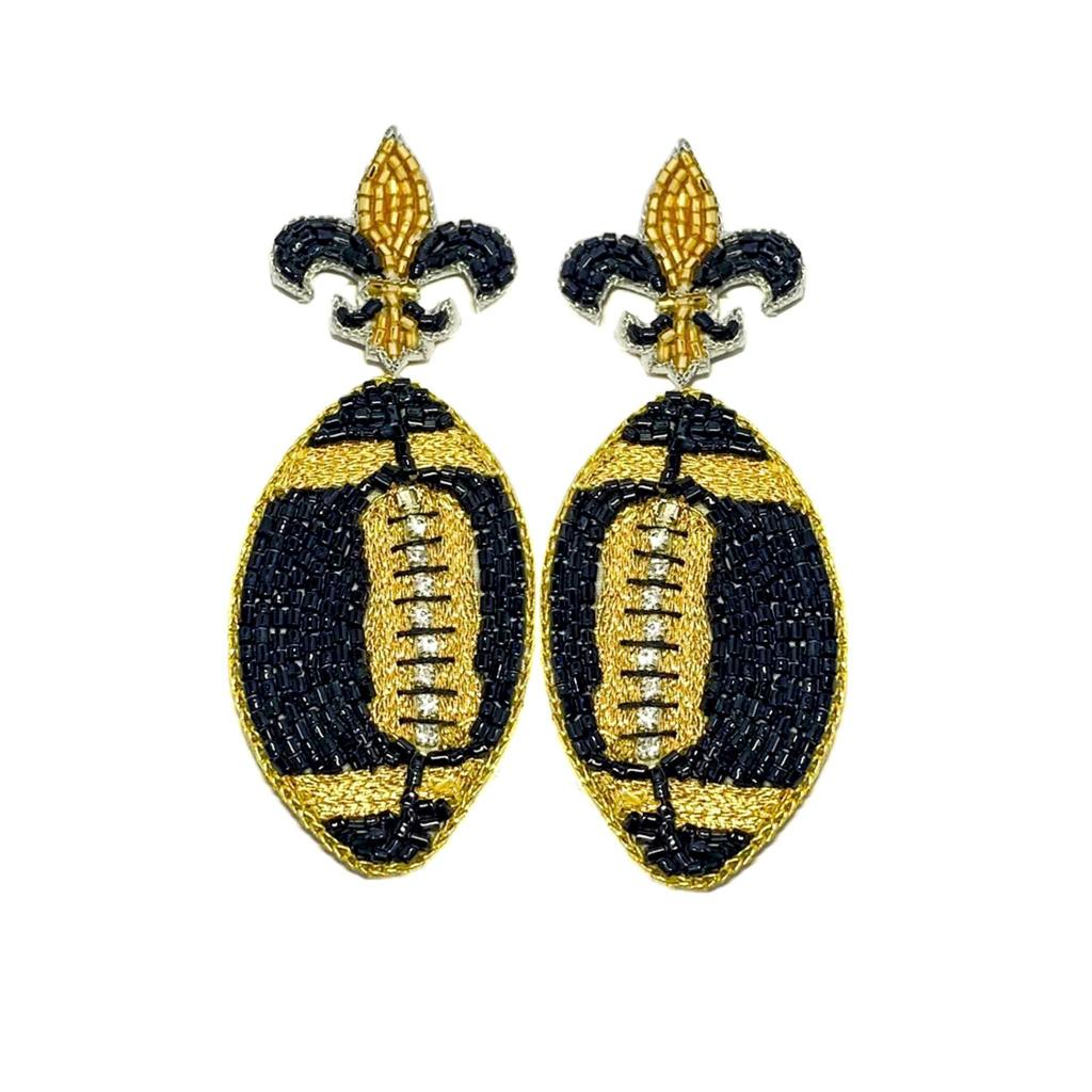 Fleur de Lis Football Earrings - Black and Gold