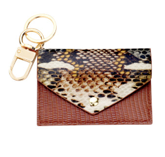 Snake Print Key Chain Wallet - Brown
