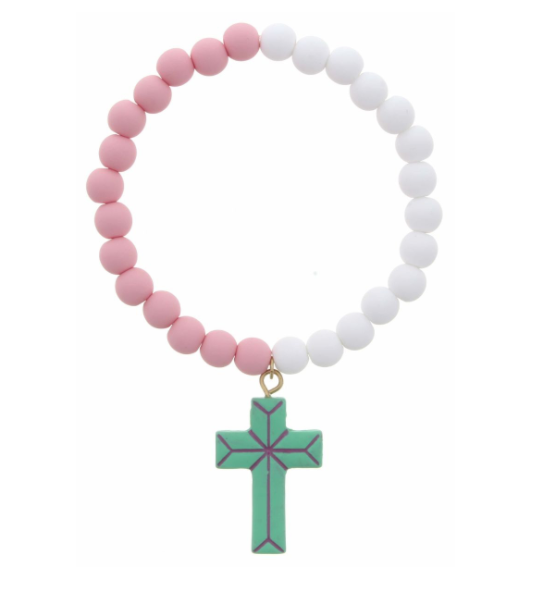 Little Lily - Clay Beaded Bracelet with Cross - Pink/White