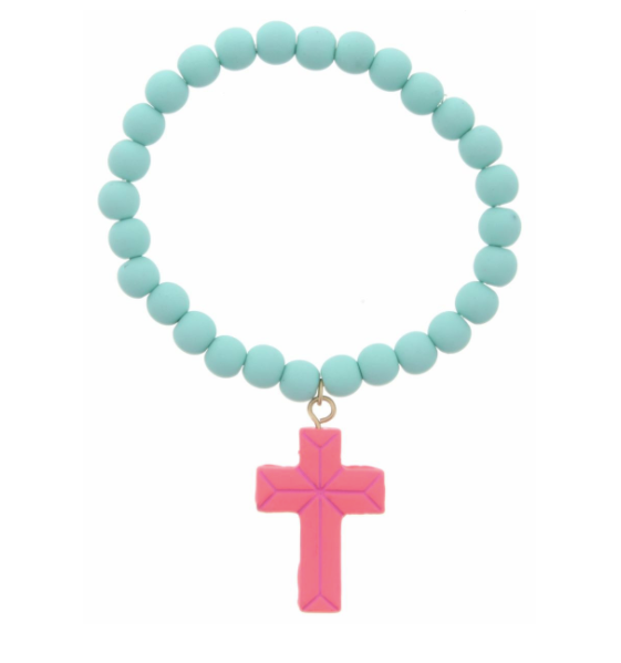 Little Lily - Clay Beaded Bracelet with Cross - Blue