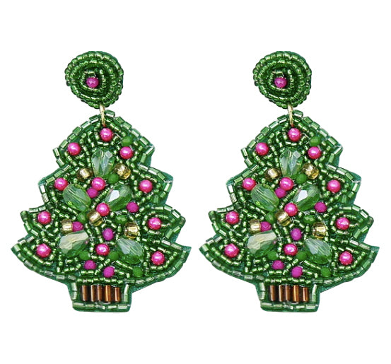 Christmas Tree Earrings - Pink Ornaments