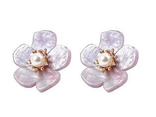Acrylic Flower and Rhinestone Stud Earrings- Purple