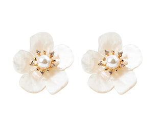 Acrylic Flower and Rhinestone Stud Earrings- White