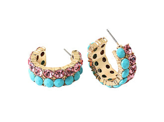Rhinestone Hoop Earrings - Turquoise and Pink