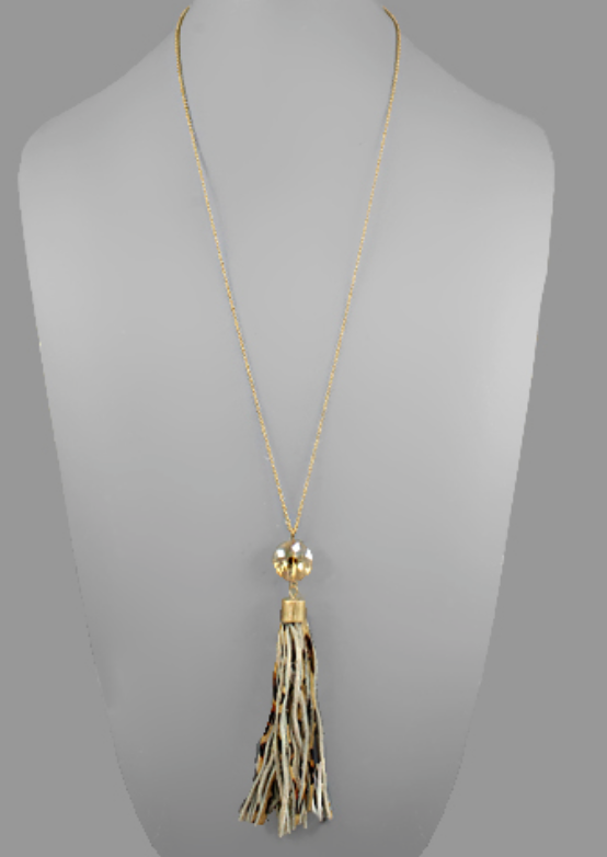 Leopard Tassel and Crystal Necklace - Champagne