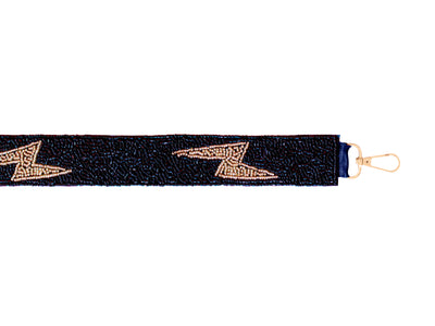 Seed Bead Bag Strap - Black and Gold Lighting Bolt