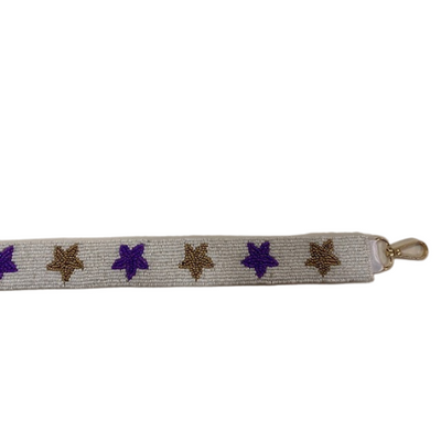 Seed Bead Bag Strap - White with Gold and Purple Star