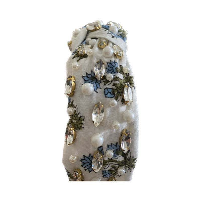 Floral Print Headband - Clear Rhinestone with Blue Flowers