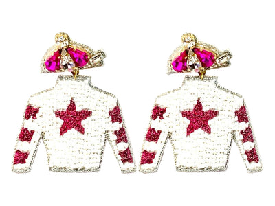 Derby Jersey Silk Earrings- White with Pink Star