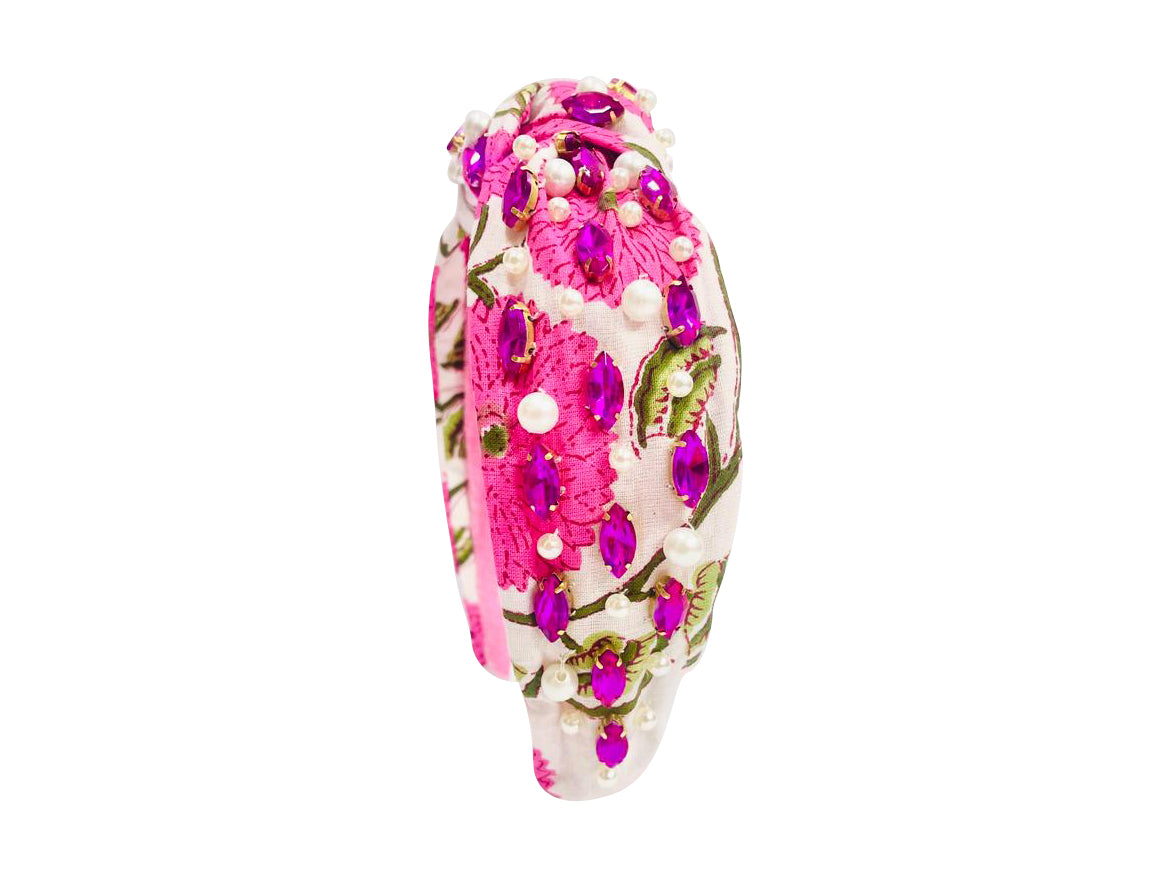Floral Print Headband - Pink Rhinestone Pink Flowers