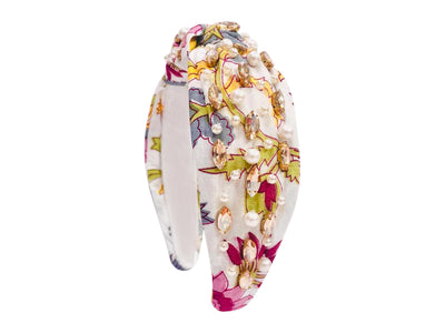 Floral Print Headband - Gold Rhinestone Multi Flowers